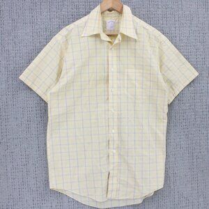 Brooks Brothers Shirt Mens Medium M Yellow Beige Plaid Button Down Short Sleeve